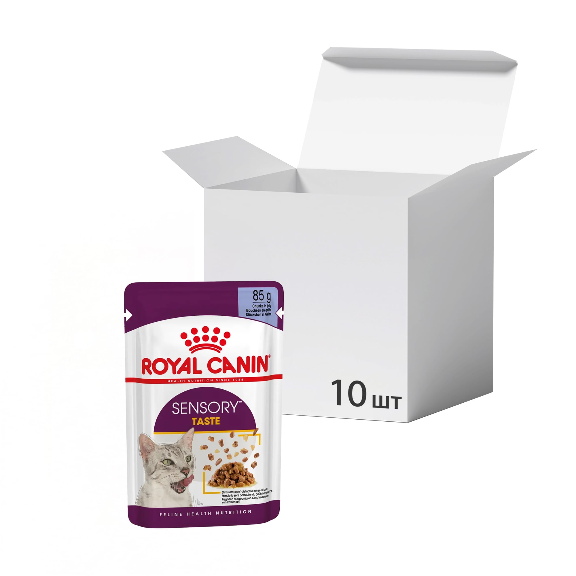 Упаковка вологого корму для дорослих котів Royal Canin Sensory Taste шматочки в желе, cтимулює смак, 85 г * 10 шт