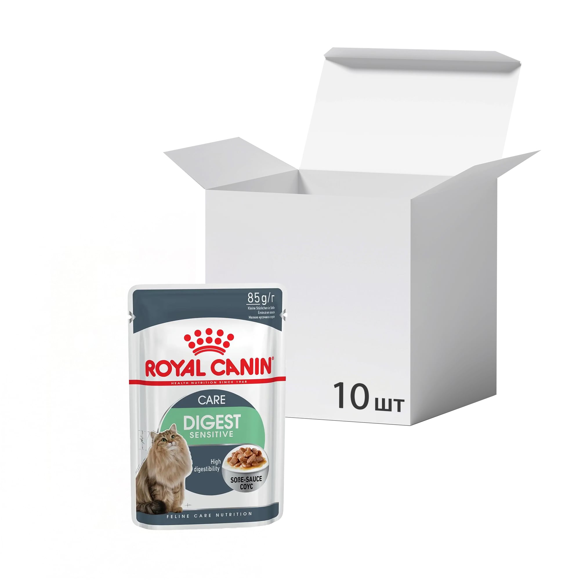 Упаковка вологого корму для дорослих котів з чутливою травною системою Royal Canin Digest Sensitive шматочки в соусі, 85 г * 10 шт